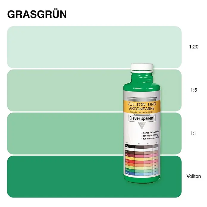Bricoflor Vollton- & Abtönfarbe 500 ml Grasgrün, innen und außen - dunkel-grün, Matt, 0,5 l, Wasserverdünnbar - Flasche grasgrüner Vollton- und Abtönfarbe mit Farbmustern, die verschiedene Mischverhältnisse zeigen.