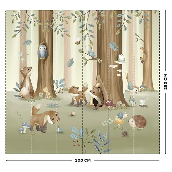 Little Dutch Fototapete Waldfreunde - Vlies - Kindertapete mit Waldmotiv: Füchse, Eule, Igel, Maus, Vögel und weitere Tiere in sanften Pastellfarben. 300x280 cm.