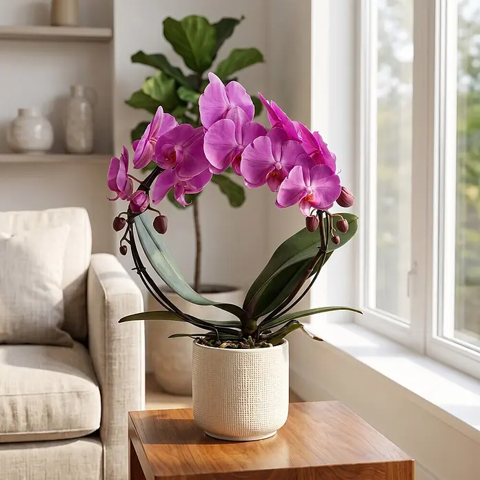 Piardino Schmetterlingsorchidee - Phalaenopsis Hybride 2er Bogen, Topfgröße: 12 cm, Lila, Anzahl Triebe: 2 Stk., Aufrecht - Lebhafte, magentafarbene Orchidee in einem strukturierten weißen Topf auf einem Holztisch im Wohnzimmer.