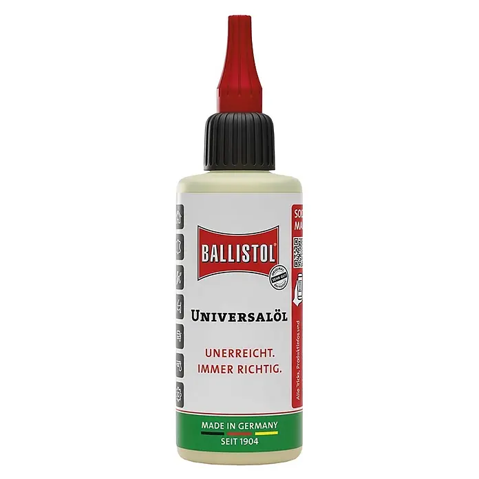 Ballistol Universalöl - 100 ml, Öl - Ballistol Universalölflasche mit rotem Dosierspitz und schwarzer Kappe, weißem Etikett mit Produktdetails.