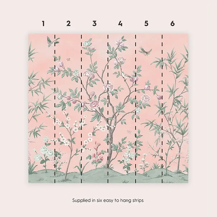 Laura Ashley Fototapete Eglantine - Vlies - Chinoiserie-Wandbild auf rosa Hintergrund mit Blumen, Vögeln und Schmetterlingen, geliefert in sechs leicht aufzuhängenden Streifen.
