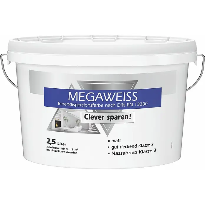 Bricoflor Wandfarbe 2,5 Liter, Weiss - weiß, Matt, 2,5 l, Wasserverdünnbar - Weißer 2,5-Liter-Eimer Dispersionsfarbe "MEGAWEISS" für Innenräume, matt mit guter Deckkraft und Nassabriebklasse 3.