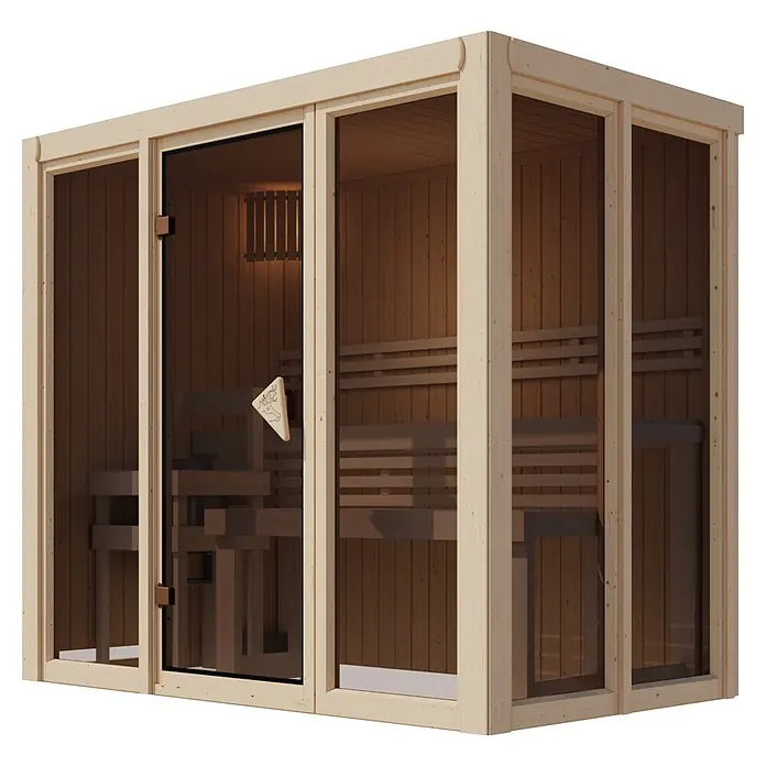 Karibu Elementsauna Balder - L x B x H: 138 x 216 x 198 cm, Plug & Play 3,6 KW Ofen mit interner Steuerung - Eine moderne Indoor-Saunakabine aus hellem Holz mit Glastür und dunklen Holzbänken.