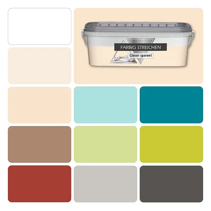 Bricoflor Wandfarbe 2,5 Liter, Kandis - hell-beige, Matt, 2,5 l, Wasserverdünnbar - Farbeimer mit hellcremefarbener Farbe, Text „FARBIG STREICHEN“ und Farbpalette mit 11 Farbmustern.