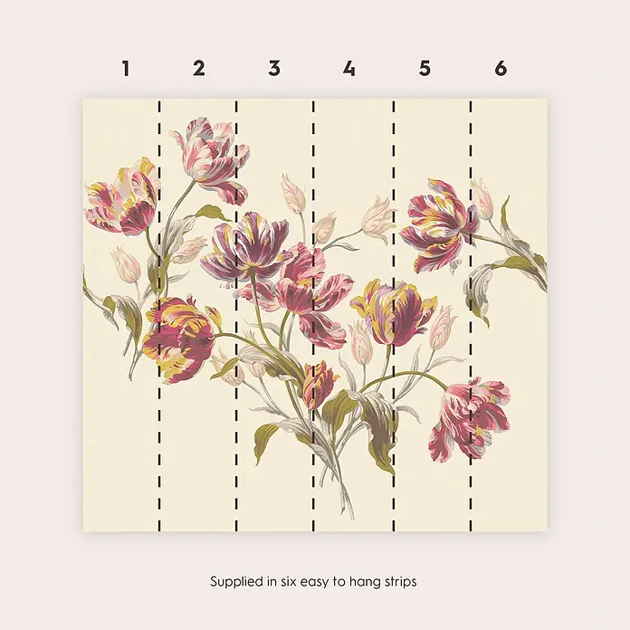 Laura Ashley Fototapete Gosford - Vlies - Florale Tapetenwand mit rosa und gelben Tulpen auf cremefarbenem Hintergrund, in sechs Streifen geliefert.