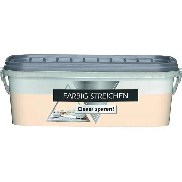 Bricoflor Wandfarbe 2,5 Liter, Kandis - hell-beige, Matt, 2,5 l, Wasserverdünnbar - Rechteckiger Farbeimer mit grauem Deckel und Henkel, hellblau-grauem und pfirsichfarbenem Design, Aufschrift „FARBIG STREICHEN“.