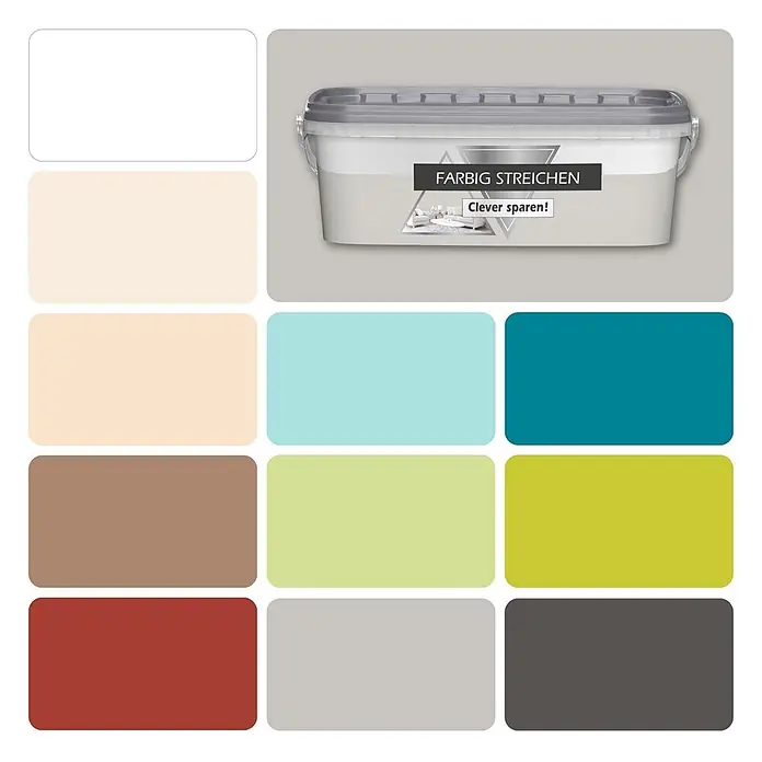 Bricoflor Wandfarbe 2,5 Liter, Stein - hell-grau, Matt, 2,5 l, Wasserverdünnbar - Grauer und weißer Farbeimer, beschriftet mit 'FARBIG STREICHEN Clever sparen!', präsentiert mit einer Palette verschiedener Farbmuster.