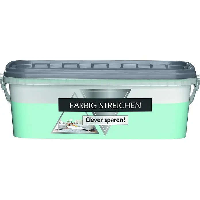 Bricoflor Wandfarbe 2,5 Liter, Lagune - hell-blau, Matt, 2,5 l, Wasserverdünnbar - Weißer und mintgrüner Farbeimer mit grauem Deckel und klarem Griff, zum Streichen beschriftet.