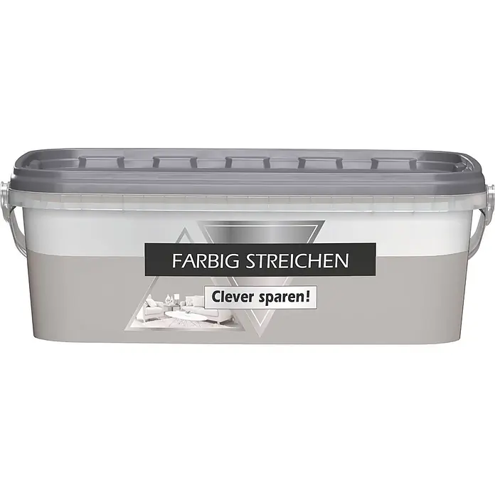 Bricoflor Wandfarbe 2,5 Liter, Stein - hell-grau, Matt, 2,5 l, Wasserverdünnbar - Ein rechteckiger Farbeimer mit grauem Deckel und transparentem Griff. Das Etikett ist weiß und hellgrau, mit den Texten 'FARBIG STREICHEN' und 'Clever sparen!'.