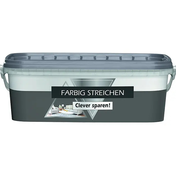 Bricoflor Wandfarbe 2,5 Liter, Rock - grau anthrazit, Matt, 2,5 l, Wasserverdünnbar - Rechteckiger Farbeimer mit grauem Deckel und transparentem Griff, weiß-dunkelgrau. Beschriftung: "FARBIG STREICHEN" und "Clever sparen!".