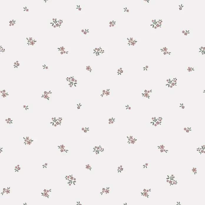Little Dutch Vliestapete Feenblume - Rosa/Weiß, Tieroptik, 10 x 0,52 m - Nahtloses Muster mit kleinen, verstreuten Altrosa-Blüten und grünen Blättern auf hellem Hintergrund.