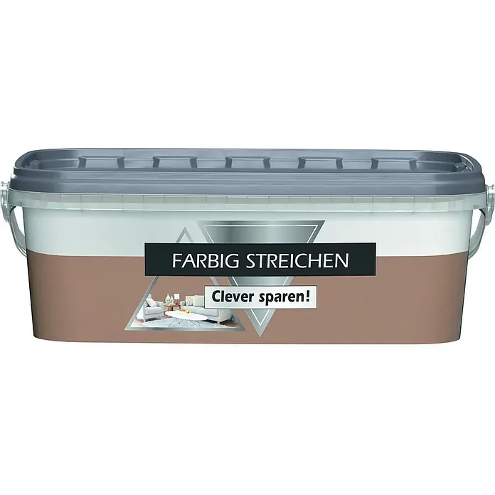 Bricoflor Wandfarbe 2,5 Liter, Lehm - hell-braun, Matt, 2,5 l, Wasserverdünnbar - Großer, weiß-brauner Farbeimer mit Aufschrift "FARBIG STREICHEN Clever sparen!" und Wohnzimmer-Motiv.