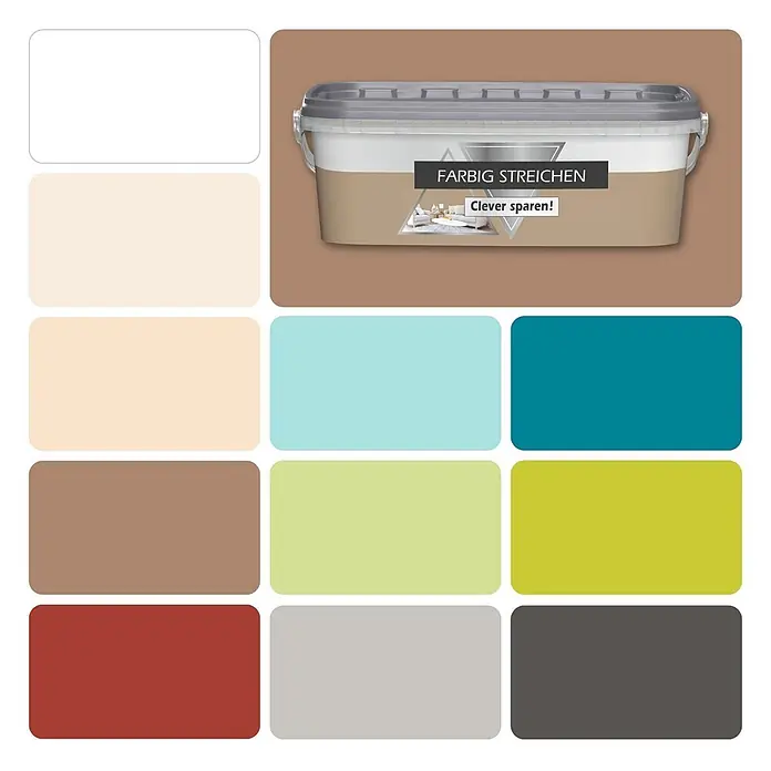 Bricoflor Wandfarbe 2,5 Liter, Lehm - hell-braun, Matt, 2,5 l, Wasserverdünnbar - Transparenter Farbbehälter mit beigem Etikett, daneben eine Palette bunter Farbnuancen.