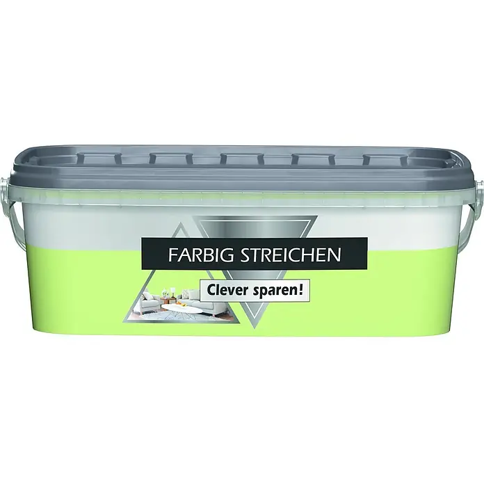 Bricoflor Wandfarbe 2,5 Liter, Jade - hell-grün, Matt, 2,5 l, Wasserverdünnbar - Rechteckiger Farbeimer, weiß und hellgrün, mit grauem Deckel und transparentem Griff. Beschriftung: 'FARBIG STREICHEN', 'Clever sparen!' über Wohnzimmer-Szene.