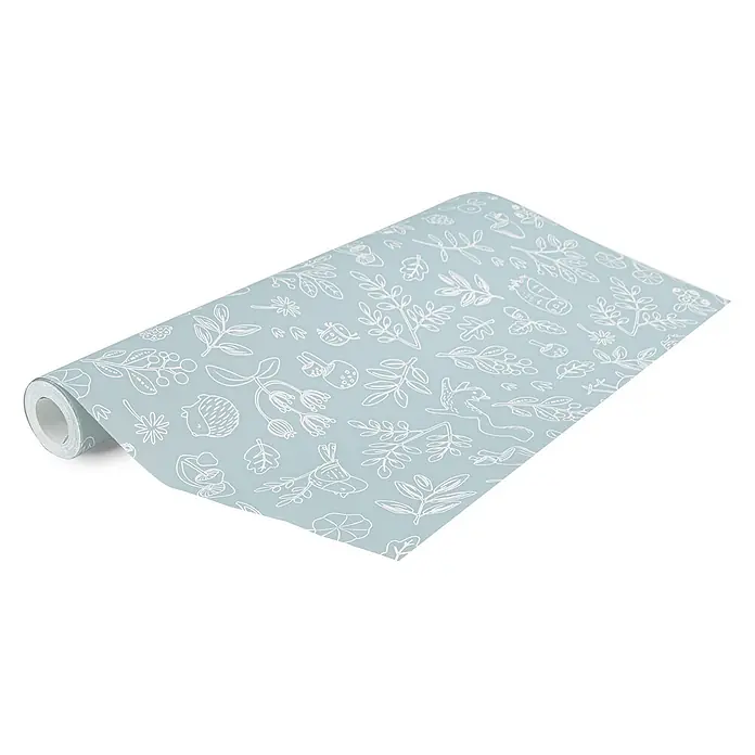 Little Dutch Vliestapete Waldwunder - Blau/Weiß, Floral, 10 x 0,53 m - Hellblaue Tapetenrolle mit weißem Line-Art-Muster aus Blättern, Beeren, Eicheln, Igeln und Vögeln.