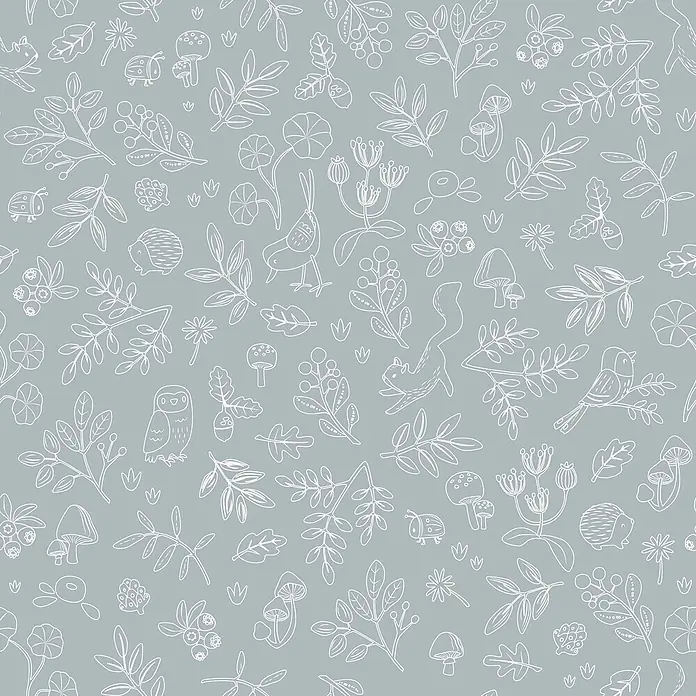 Little Dutch Vliestapete Waldwunder - Blau/Weiß, Floral, 10 x 0,53 m - Nahtloses Muster mit weißen Umrisszeichnungen von Waldtieren, Pflanzen und Pilzen.