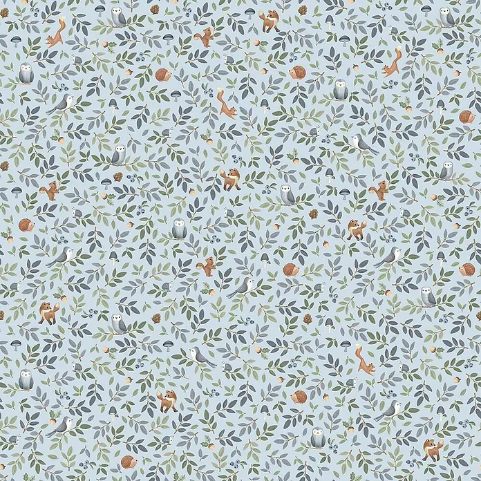 Little Dutch Vliestapete Waldabenteuer - Blau/Grün, Tieroptik, 10 x 0,52 m - Nahtloses Waldmuster mit Eulen, Eichhörnchen, Igeln, Vögeln und Waldlaub auf hellblauem Hintergrund. Ideal für Kinderdeko oder Textilien.