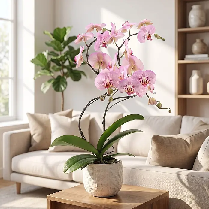 Piardino Schmetterlingsorchidee - Phalaenopsis Hybride Hurricane, Topfgröße: 12 cm, Rosa, Anzahl Triebe: 2 Stk., Aufrecht - Rosa Orchideenpflanze mit grünen Blättern in einem weißen strukturierten Topf auf einem Holztisch im Wohnzimmer.