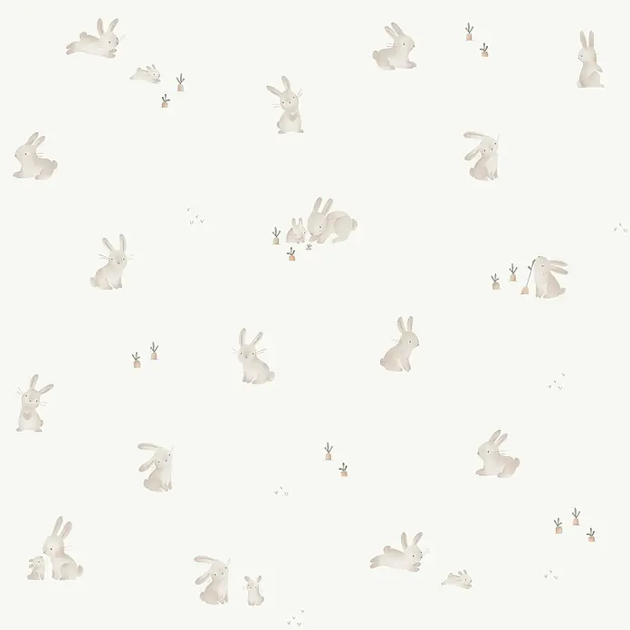 Little Dutch Vliestapete Babykaninchen - Braun/Weiß, Tieroptik, 10 x 0,52 m - Aquarellmuster mit verschiedenen hellbraunen Kaninchen in unterschiedlichen Posen, einige mit kleinen Karottenpflanzen.