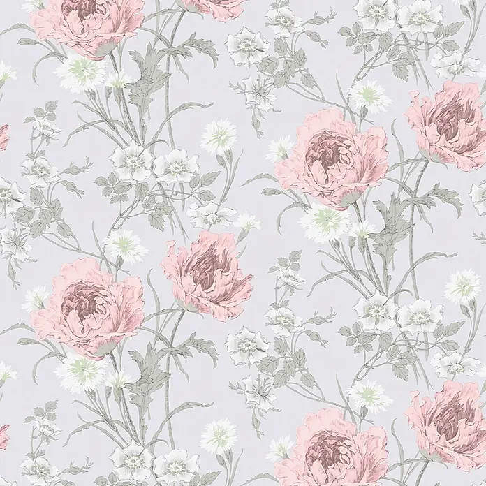 Laura Ashley Vliestapete Aurelie - Mehrfarbig, Floral, 10 x 0,52 m - Nahtloses Blumenmuster mit rosa Pfingstrosen, weißen Rosen und Kornblumen auf helllavendelfarbenem Hintergrund für Textilien oder Tapeten.