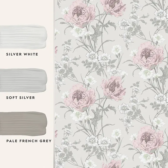 Laura Ashley Vliestapete Aurelie - Mehrfarbig, Floral, 10 x 0,52 m - Drei graue Farbmuster: Silver White, Soft Silver, Pale French Grey; daneben florale Tapete mit rosa und weißen Blumen auf Hellgrau.
