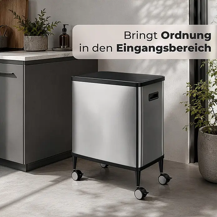 Floordirekt Sensormülleimer Tyler mit Sensor - 48 l, Metall, Silber - Rechteckiger Edelstahlbehälter auf Rollen, mit schwarzem Deckel, zur Organisation im Eingangsbereich.