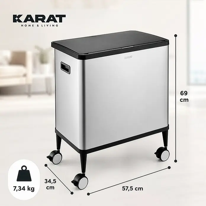 Floordirekt Sensormülleimer Tyler mit Sensor - 48 l, Metall, Silber - Silberner Edelstahlbehälter mit schwarzem Deckel, KARAT Logo und Rollen, 69 cm hoch.