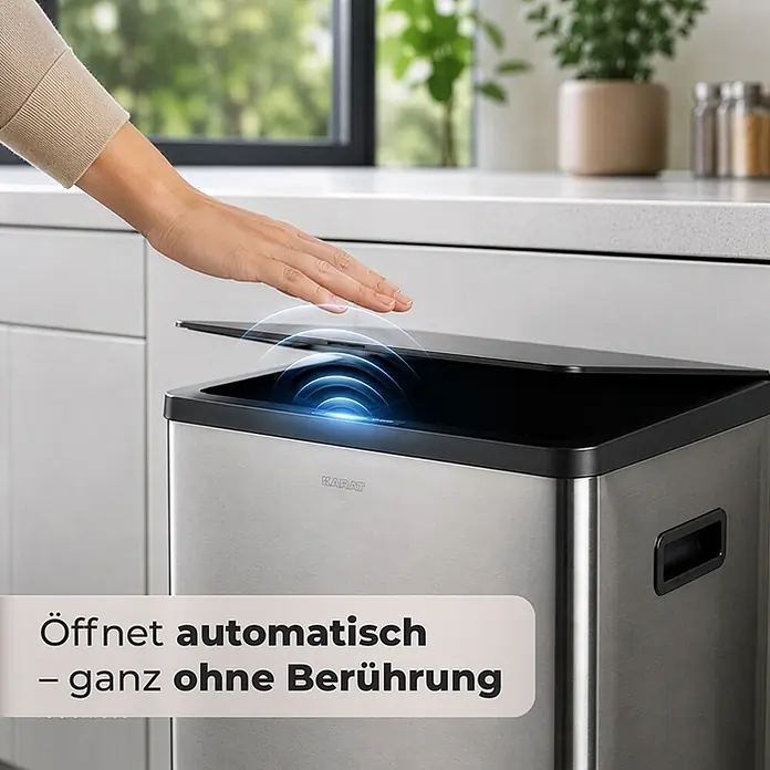 Floordirekt Sensormülleimer Tyler mit Sensor - 48 l, Metall, Silber - Edelstahl-Abfalleimer mit Sensor, öffnet automatisch durch Handbewegung.