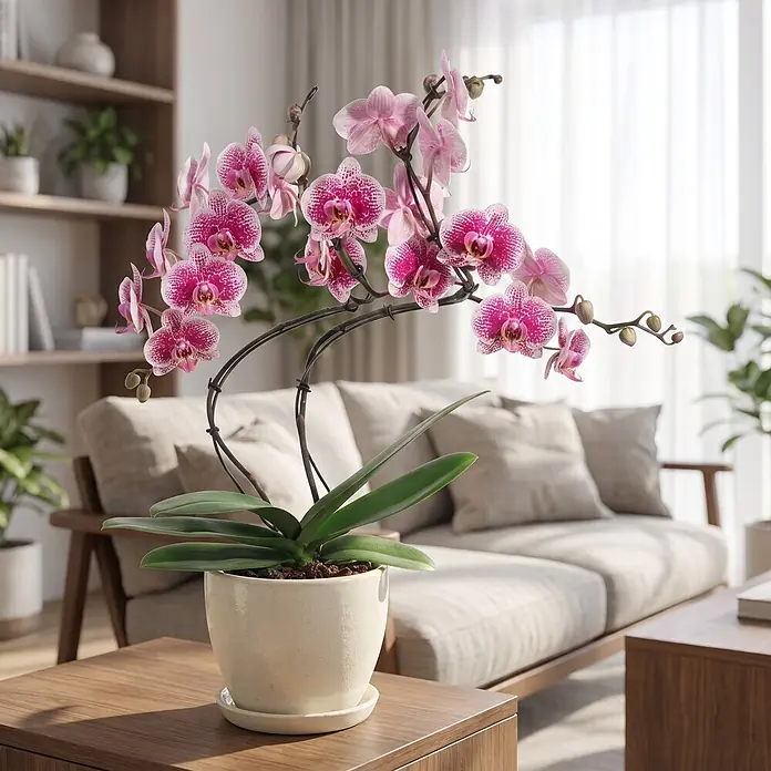 Piardino Schmetterlingsorchidee - Phalaenopsis Hybride Hurricane, Topfgröße: 12 cm, Lila, Anzahl Triebe: 2 Stk., Aufrecht - Topf-Orchidee mit pinken Blüten und grünen Blättern in einem weißen Keramiktopf auf einem Holztisch im Wohnzimmer.