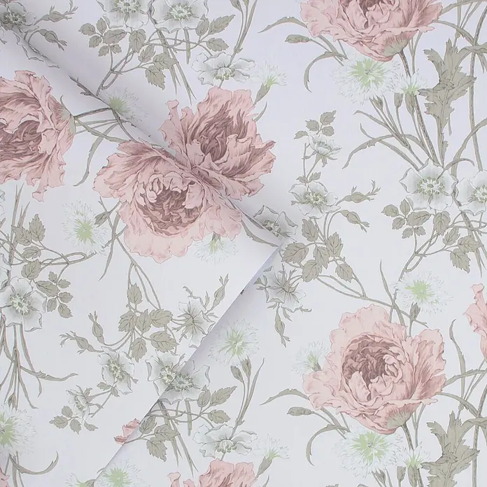Laura Ashley Vliestapete Aurelie - Mehrfarbig, Floral, 10 x 0,52 m - Eine Tapetenrolle mit vintage Blumenmuster in Rosa/Mauve und grünen Blättern.