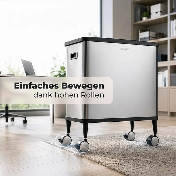 Floordirekt Sensormülleimer Tyler mit Sensor - 48 l, Metall, Silber - Edelstahlbehälter mit schwarzem Deckel und hohen Rollen für einfache Bewegung im Büroambiente.