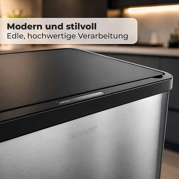Floordirekt Sensormülleimer Tyler mit Sensor - 48 l, Metall, Silber - Moderner Mülleimer aus gebürstetem Edelstahl mit schwarzem Deckel und 'OPEN/CLOSE' Knöpfen, in einer Küche.