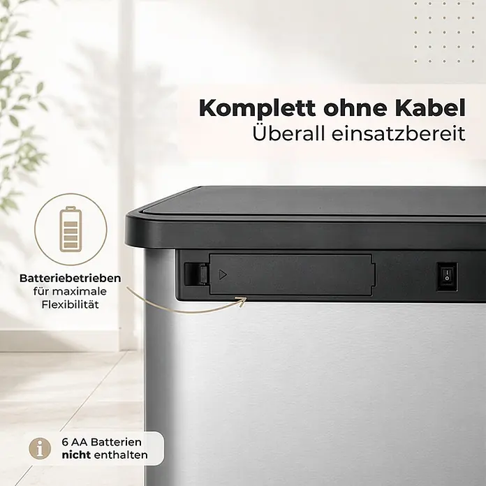Floordirekt Sensormülleimer Tyler mit Sensor - 48 l, Metall, Silber - Edelstahl-Mülleimer mit schwarzem Deckel, mit Batteriefach und Netzschalter für kabellosen Betrieb.