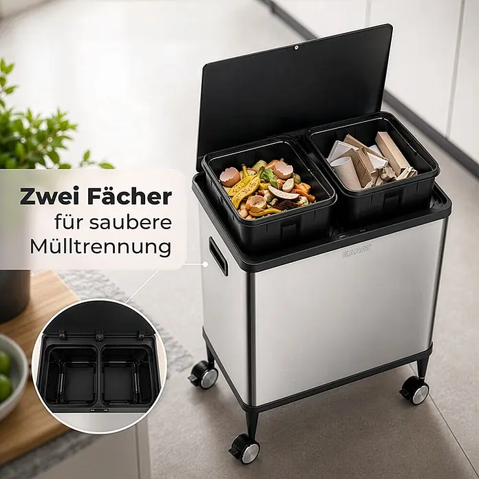 Floordirekt Sensormülleimer Tyler mit Sensor - 48 l, Metall, Silber - Edelstahl-Mülleimer mit zwei Fächern zur Mülltrennung, auf Rollen in einer Küche.
