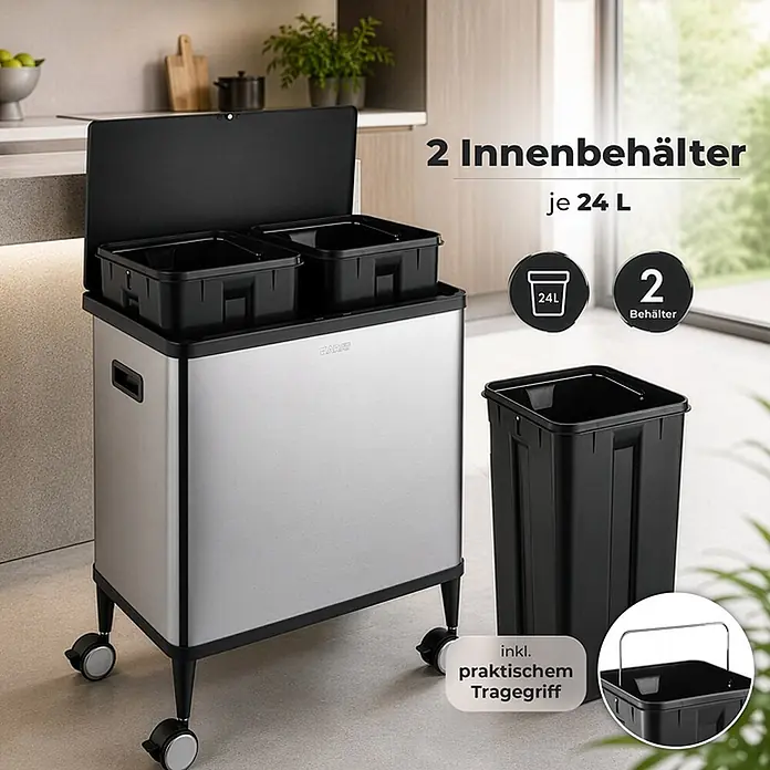 Floordirekt Sensormülleimer Tyler mit Sensor - 48 l, Metall, Silber - Silberner Doppel-Mülleimer (2x24L) mit schwarzen Innenbehältern, praktischen Griffen und Rollen, in Küche.