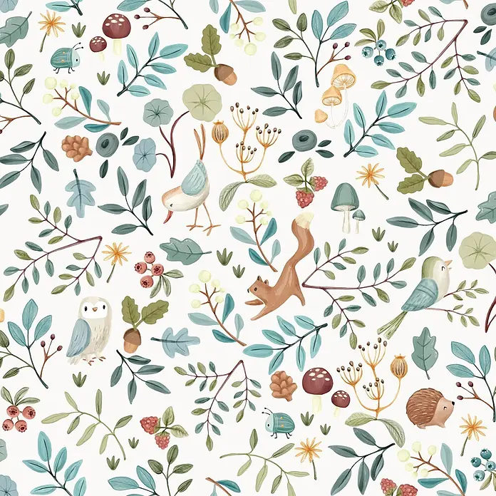 Little Dutch Vliestapete Waldwunder - Mehrfarbig, Tieroptik, 10 x 0,52 m - Nahtloses Muster mit Waldtieren (Eichhörnchen, Eule, Igel, Vögel, Käfer), Blättern, Beeren und Pilzen im Aquarellstil.