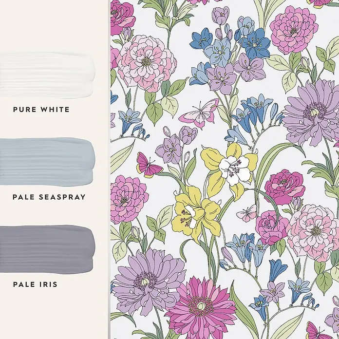 Vliestapete Gilly 1000x52cm Laura Ashley -  - Florale Tapete mit rosa, lila, blauen, gelben Blumen und passenden Farbmustern: Pure White, Pale Seaspray, Pale Iris.