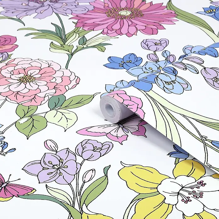 Vliestapete Gilly 1000x52cm Laura Ashley -  - Geblümte Tapetenrolle mit lebhaftem, mehrfarbigem Blumen- und Schmetterlingsmuster, teilweise abgerollt.