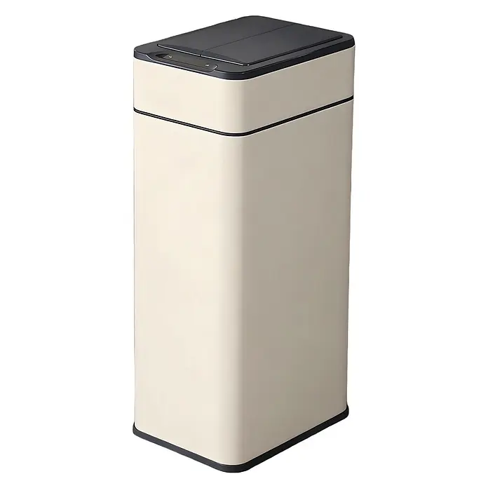 SVITA Sensormülleimer SE40L - 40 l, Stahl, Taupe - Rechteckiger beigefarbener Mülleimer mit dunkelgrauem Sensor-Deckel und Bodenumrandung.