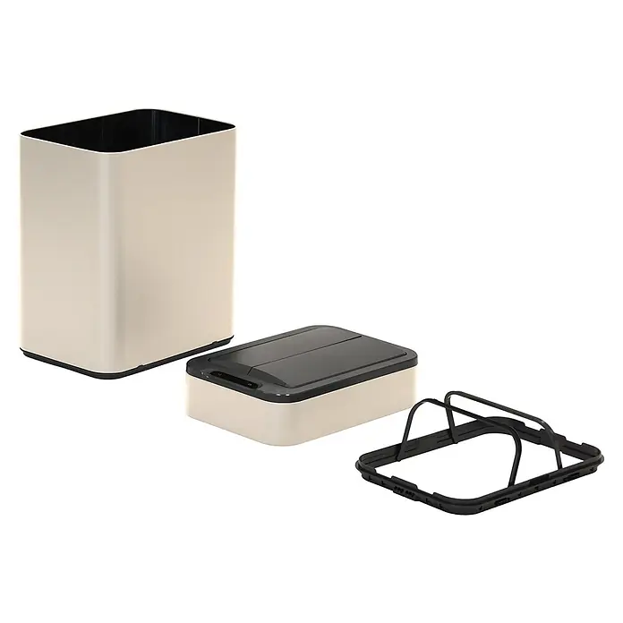SVITA Sensormülleimer SE50L - 50 l, Stahl, Taupe - Rechteckiger beiger Abfalleimer mit schwarzem Innenraum, separatem schwarz-beigem Sensor-Deckel und schwarzem Müllbeutelrahmen.