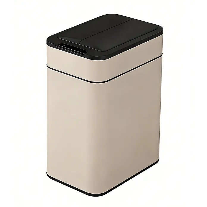 SVITA Sensormülleimer SE50L - 50 l, Stahl, Taupe - Beigefarbener rechteckiger smarter Mülleimer mit schwarzem zweiteiligen Automatikdeckel.