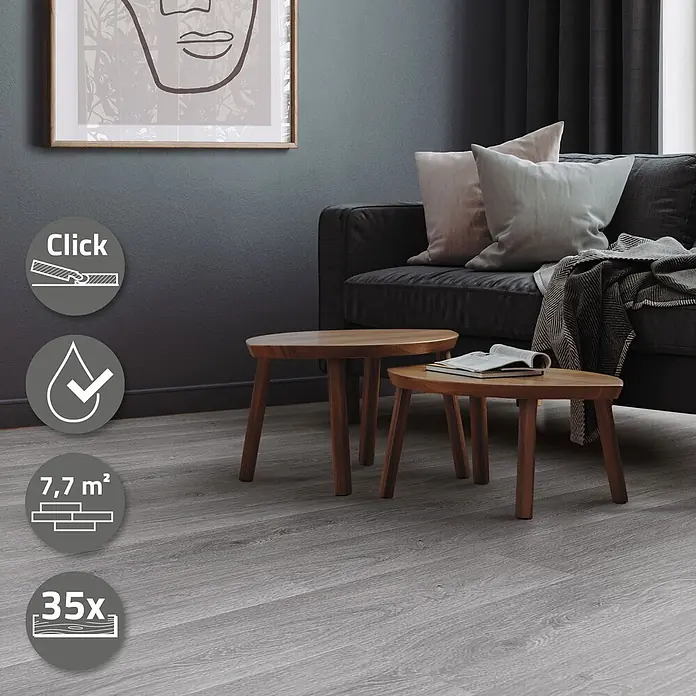 ML-Design Vinylboden Klickvinyl Windswell Eiche 7,7m²/35 Dielen 4,2mm Trittschalldämmung - Grau, Landhausdiele