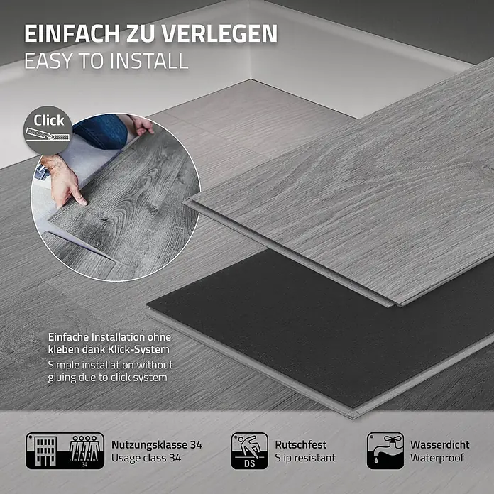 ML-Design Vinylboden Klickvinyl Windswell Eiche 3,08m²/14 Dielen 4,2mm Trittschalldämmung - Grau, Landhausdiele
