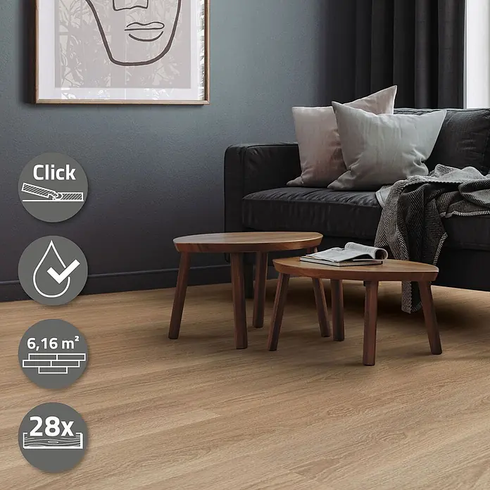 ML-Design Vinylboden Klickvinyl Golden Hour Eiche 6,16m²/28 Dielen 4,2mm Trittschalldämmung - Hellbraun, Landhausdiele