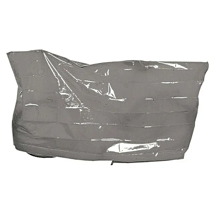 Fischer Fahrrad-Abdeckplane - 200 x 110 cm, Geeignet für: Fahrräder - Graue, verpackte Bauplatte, die Textur und Tiefe zeigt. Die Verpackung betont die Form des Produkts und die schützende Hülle.