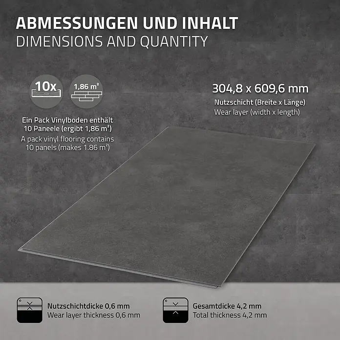 ML-Design Vinylboden Klickvinyl 1,86m²/10 Dielen, Zement Dunkel - Zement Dunkel, Sonstige, 615 x 310 x 4,2 mm
