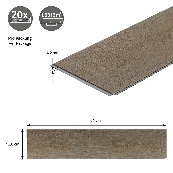 ML-Design Vinylboden 1 x Paket Vinylboden (20 x Diele pro Karton = 1,5616 m²) - Dunkelbraun, Landhausdiele