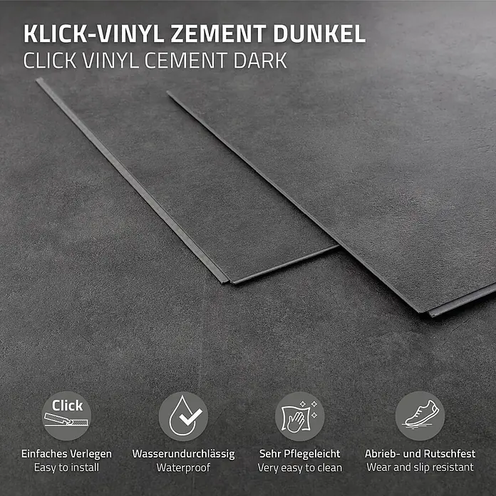 ML-Design Vinylboden Klickvinyl 1,86m²/10 Dielen, Zement Dunkel - Zement Dunkel, Sonstige, 615 x 310 x 4,2 mm