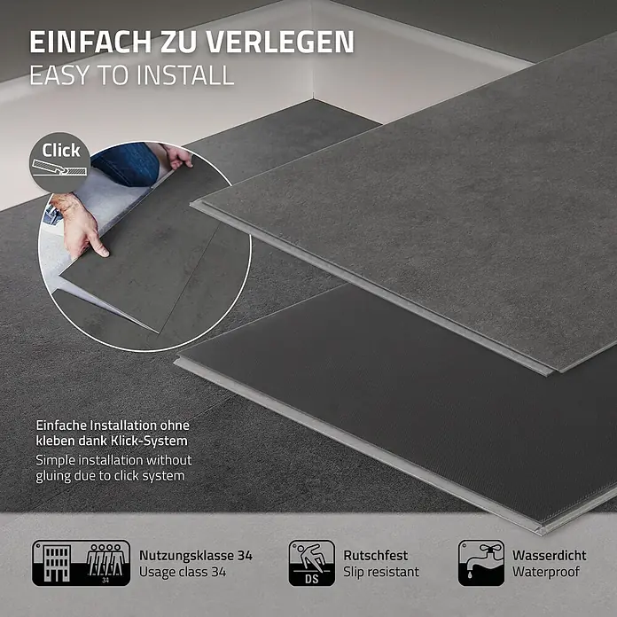 ML-Design Vinylboden Klickvinyl 1,86m²/10 Dielen, Zement Dunkel - Zement Dunkel, Sonstige, 615 x 310 x 4,2 mm