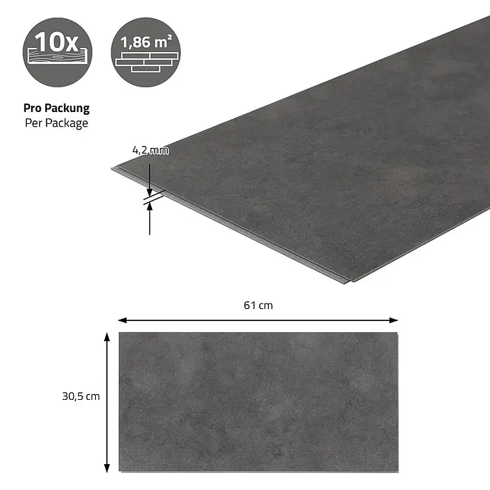 ML-Design Vinylboden Klickvinyl 1,86m²/10 Dielen, Zement Dunkel - Zement Dunkel, Sonstige, 615 x 310 x 4,2 mm